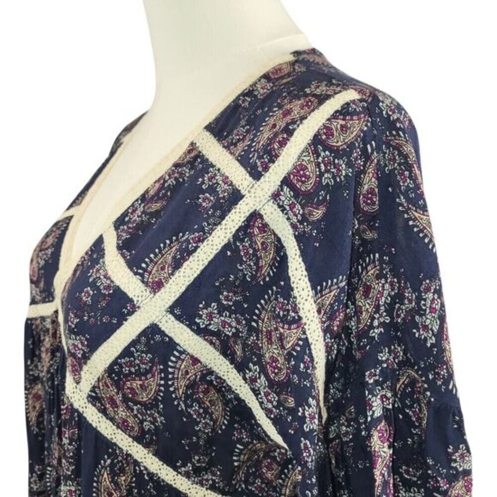 POL NEW Small Maxi Dress Cotton Blue Red Paisley Crochet Trim Vintage BOHO Style - Picture 10 of 16